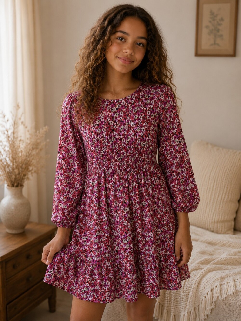 Zara Girls Pink Floral Smocked Babydoll Dress Size 13-14 Cottagecore Boho